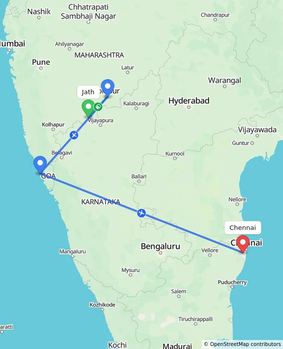 Route map showing distance and travel time from Jath, India to Chennai, India