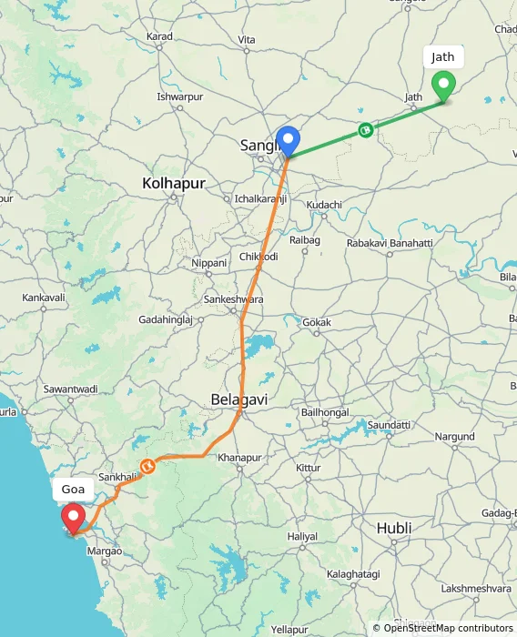 Route map showing distance and travel time from Jath, India to Goa, India