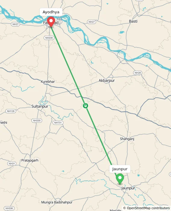 Route map showing distance and travel time from Jaunpur, India to Ayodhya, India