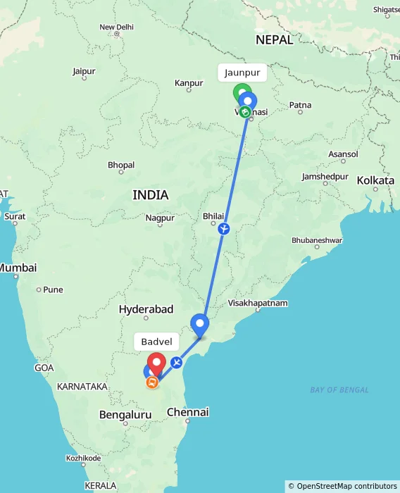 Route map showing distance and travel time from Jaunpur, India to Badvel, India