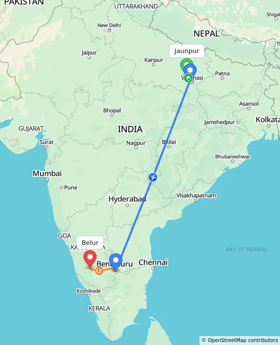 Route map showing distance and travel time from Jaunpur, India to Belur, India