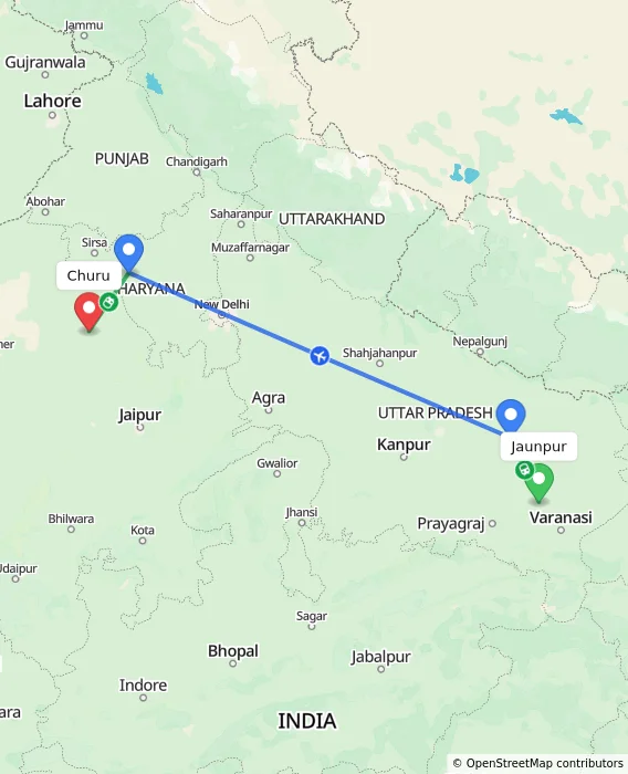 Route map showing distance and travel time from Jaunpur, India to Churu, India