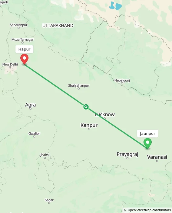 Route map showing distance and travel time from Jaunpur, India to Hapur, India