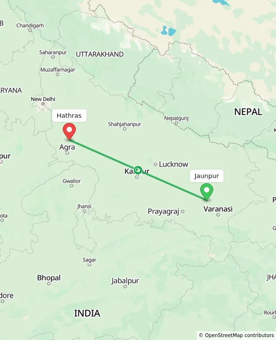 Route map showing distance and travel time from Jaunpur, India to Hathras, India