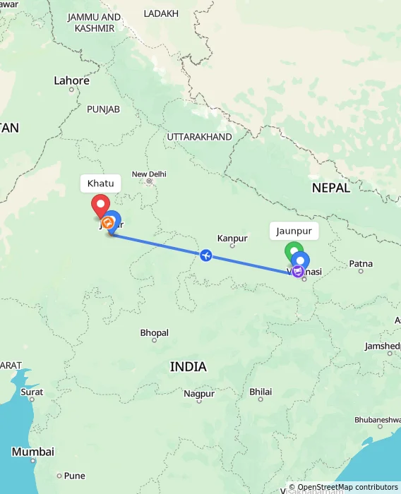 Route map showing distance and travel time from Jaunpur, India to Khatu, India