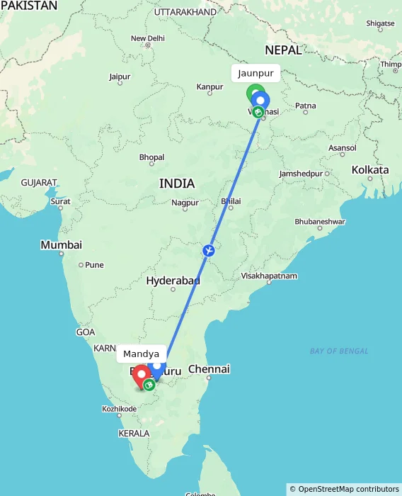 Route map showing distance and travel time from Jaunpur, India to Mandya, India