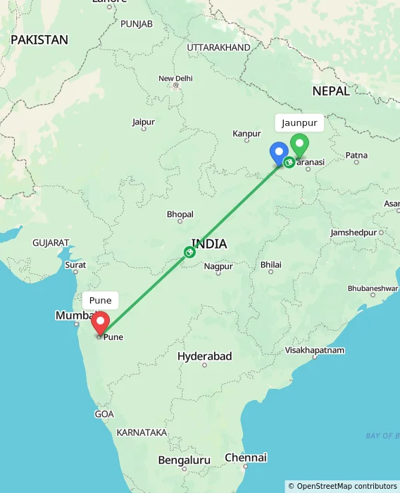 Route map showing distance and travel time from Jaunpur, India to Pune, India
