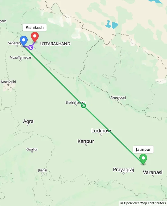 Route map showing distance and travel time from Jaunpur, India to Rishikesh, India
