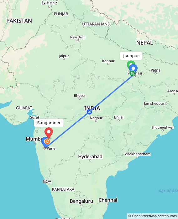 Route map showing distance and travel time from Jaunpur, India to Sangamner, India