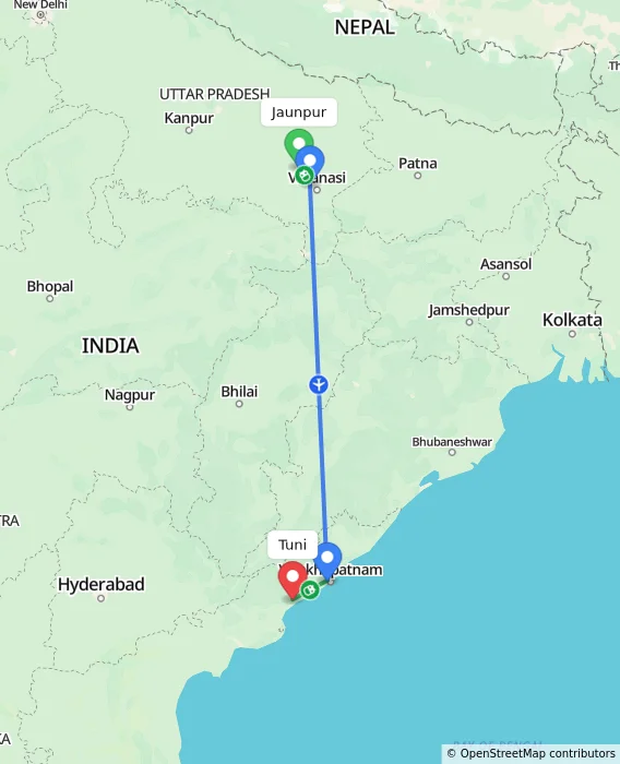 Route map showing distance and travel time from Jaunpur, India to Tuni, India