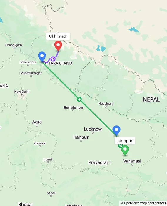 Route map showing distance and travel time from Jaunpur, India to Ukhimath, India