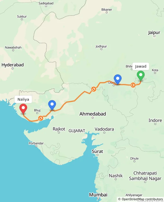 Route map showing distance and travel time from Jawad, India to Naliya, India