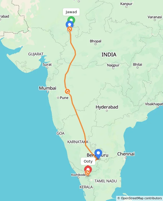 Route map showing distance and travel time from Jawad, India to Ooty, India
