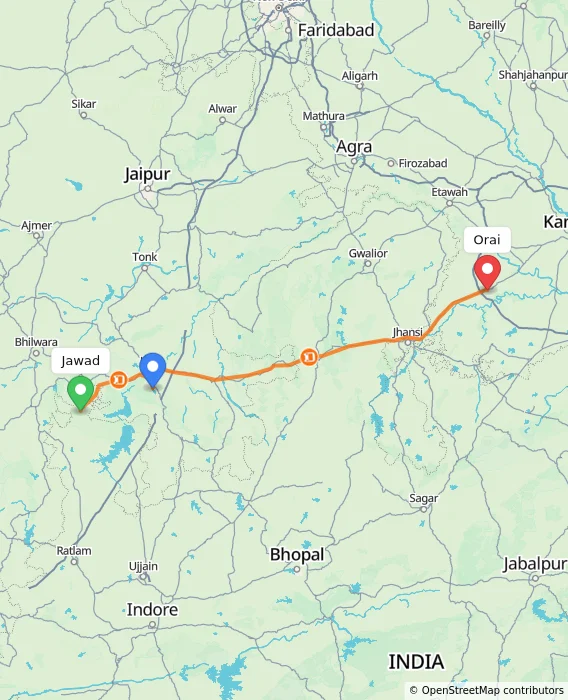 Route map showing distance and travel time from Jawad, India to Orai, India