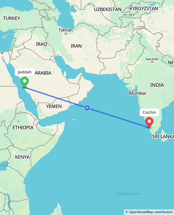 Route map showing distance and travel time from Jeddah, Saudi Arabia to Cochin, India