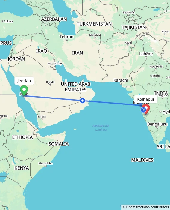 Route map showing distance and travel time from Jeddah, Saudi Arabia to Kolhapur, India