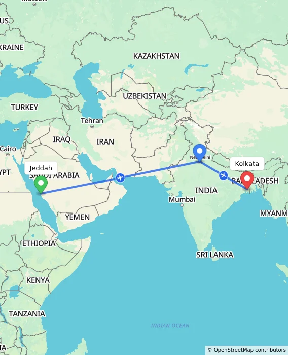 Route map showing distance and travel time from Jeddah, Saudi Arabia to Kolkata, India