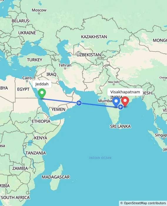 Route map showing distance and travel time from Jeddah, Saudi Arabia to Visakhapatnam, India