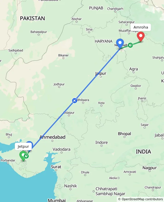 Route map showing distance and travel time from Jetpur, India to Amroha, India