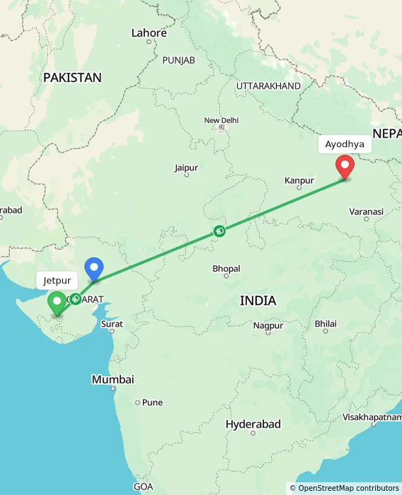 Route map showing distance and travel time from Jetpur, India to Ayodhya, India
