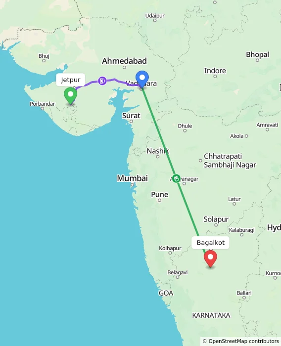 Route map showing distance and travel time from Jetpur, India to Bagalkot, India