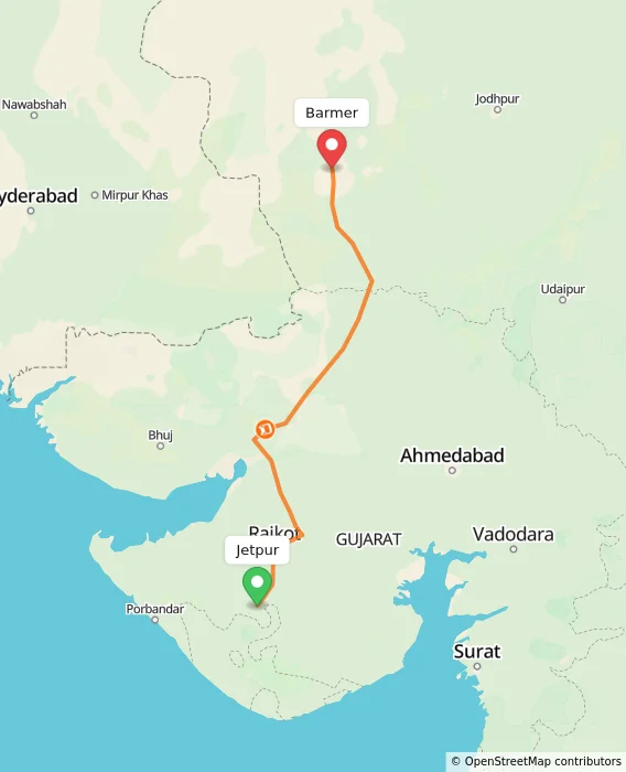 Route map showing distance and travel time from Jetpur, India to Barmer, India