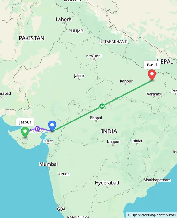 Route map showing distance and travel time from Jetpur, India to Basti, India
