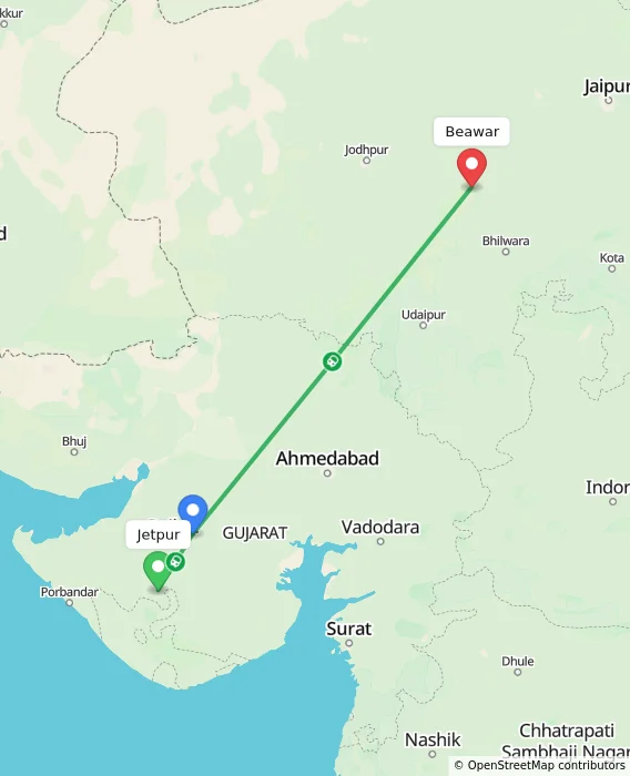 Route map showing distance and travel time from Jetpur, India to Beawar, India