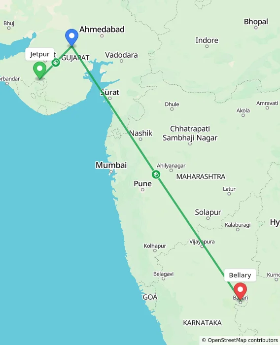 Route map showing distance and travel time from Jetpur, India to Bellary, India