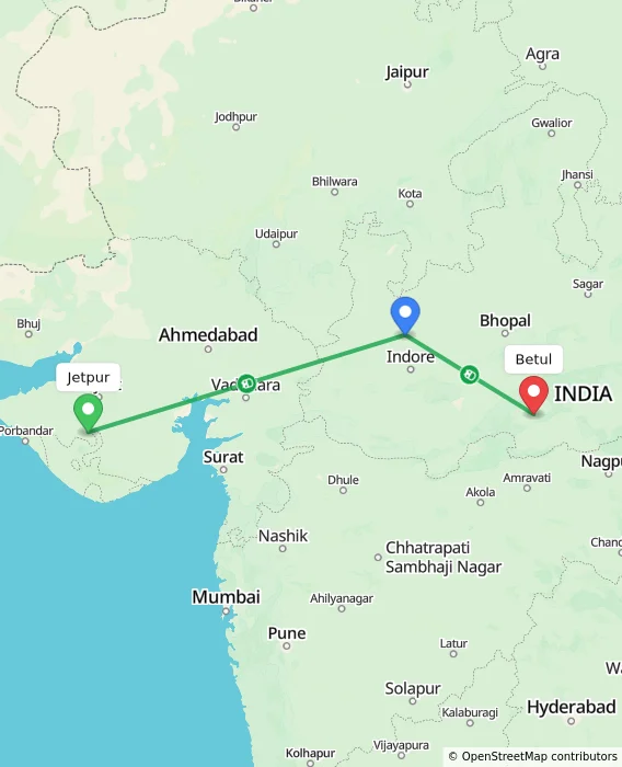 Route map showing distance and travel time from Jetpur, India to Betul, India