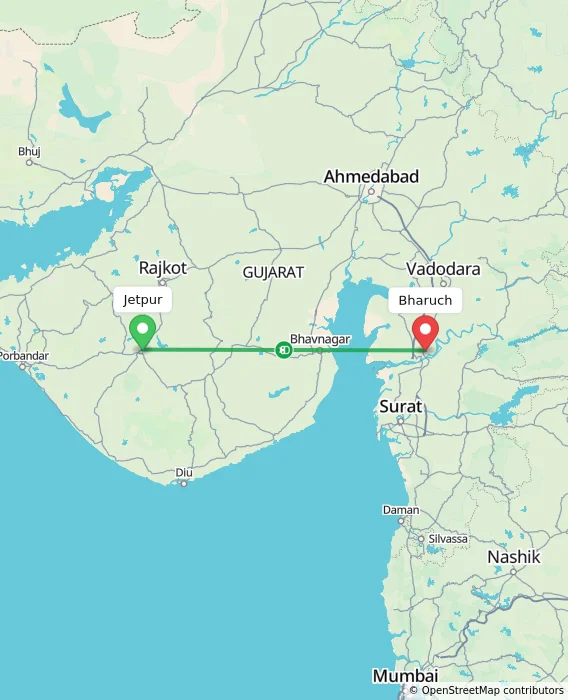 Route map showing distance and travel time from Jetpur, India to Bharuch, India
