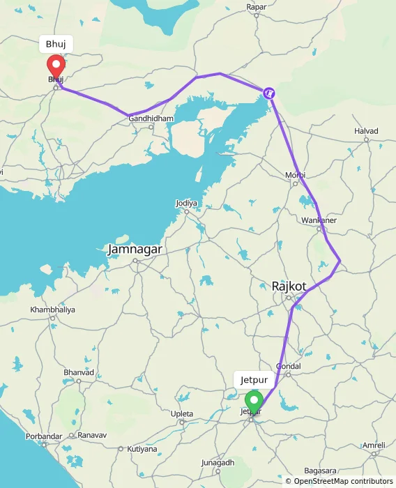 Route map showing distance and travel time from Jetpur, India to Bhuj, India