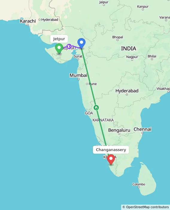 Route map showing distance and travel time from Jetpur, India to Changanassery, India