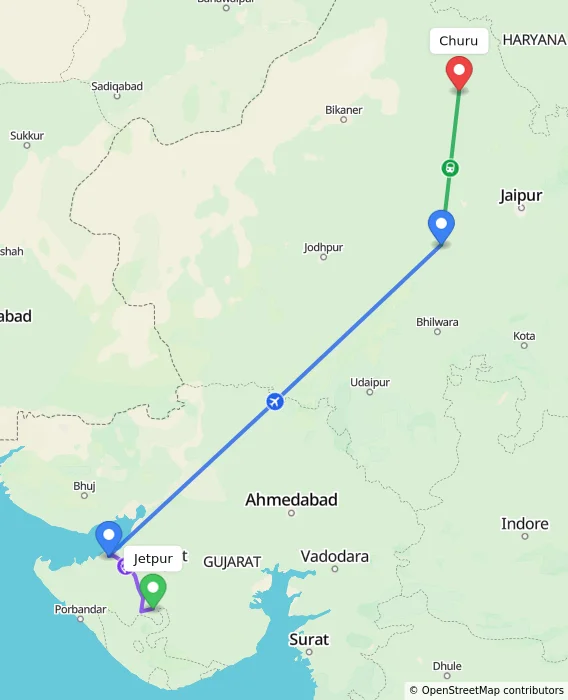 Route map showing distance and travel time from Jetpur, India to Churu, India