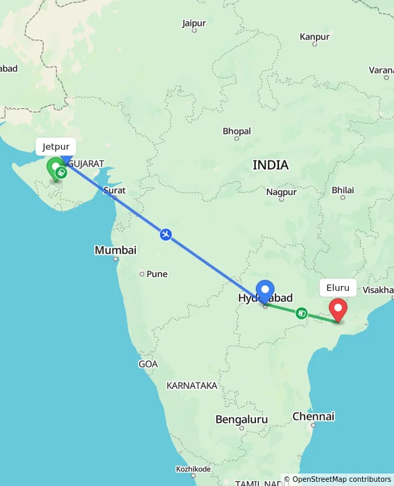 Route map showing distance and travel time from Jetpur, India to Eluru, India