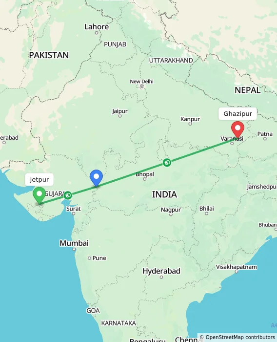 Route map showing distance and travel time from Jetpur, India to Ghazipur, India
