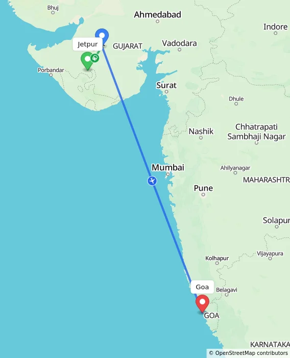 Route map showing distance and travel time from Jetpur, India to Goa, India