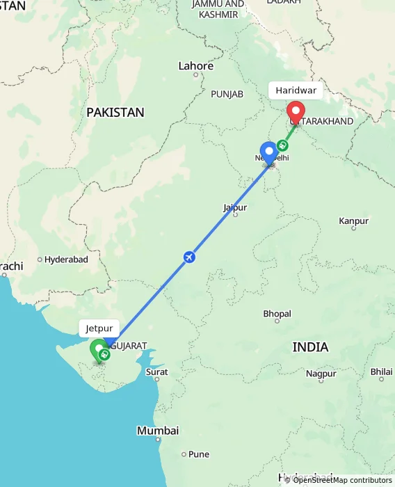 Route map showing distance and travel time from Jetpur, India to Haridwar, India