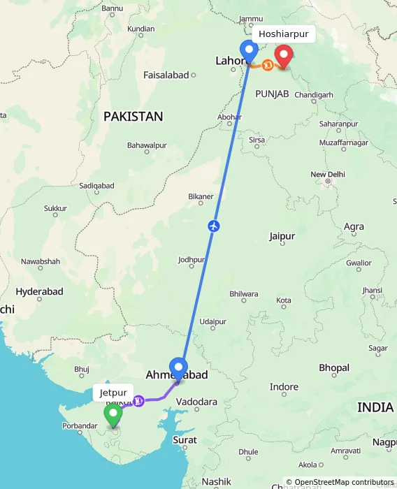 Route map showing distance and travel time from Jetpur, India to Hoshiarpur, India