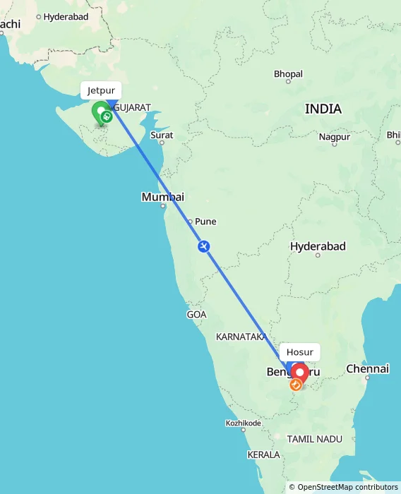 Route map showing distance and travel time from Jetpur, India to Hosur, India