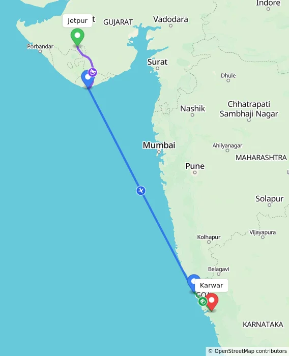 Route map showing distance and travel time from Jetpur, India to Karwar, India