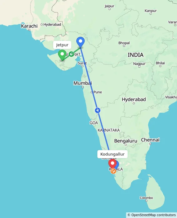 Route map showing distance and travel time from Jetpur, India to Kodungallur, India