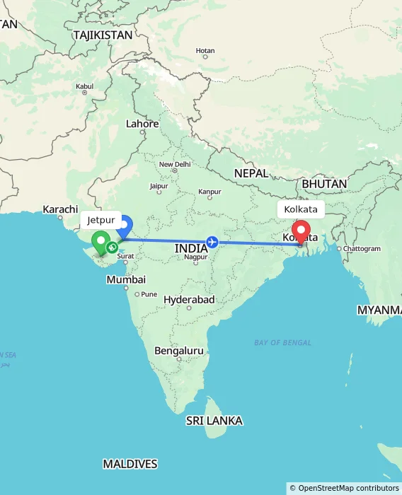 Route map showing distance and travel time from Jetpur, India to Kolkata, India