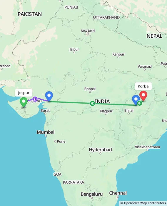 Route map showing distance and travel time from Jetpur, India to Korba, India
