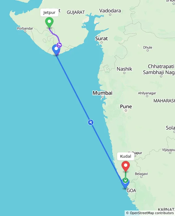 Route map showing distance and travel time from Jetpur, India to Kudal, India