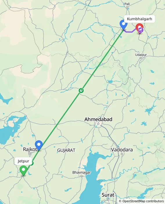 Route map showing distance and travel time from Jetpur, India to Kumbhalgarh, India