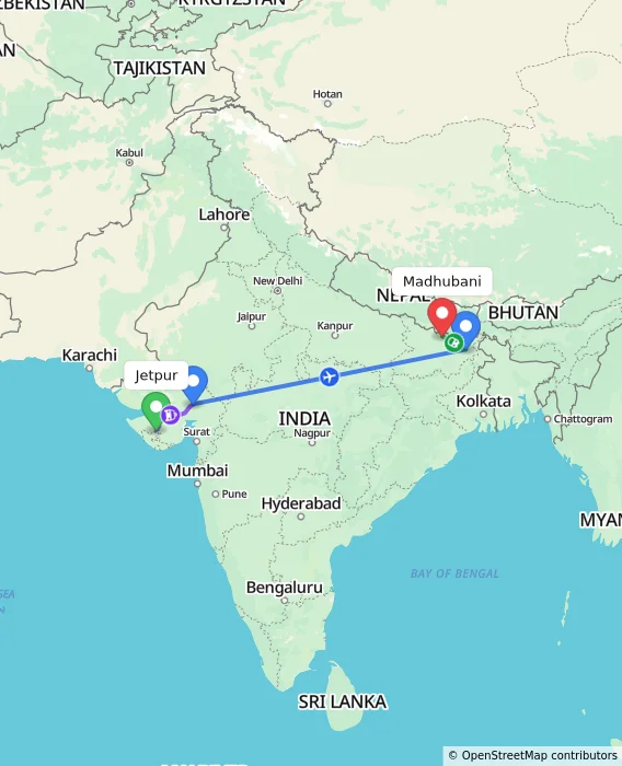 Route map showing distance and travel time from Jetpur, India to Madhubani, India