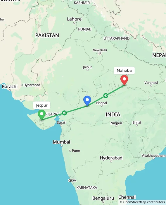 Route map showing distance and travel time from Jetpur, India to Mahoba, India