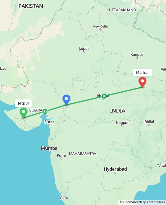 Route map showing distance and travel time from Jetpur, India to Maihar, India
