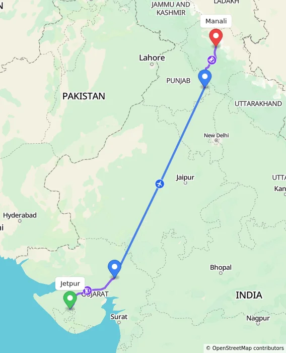 Route map showing distance and travel time from Jetpur, India to Manali, India